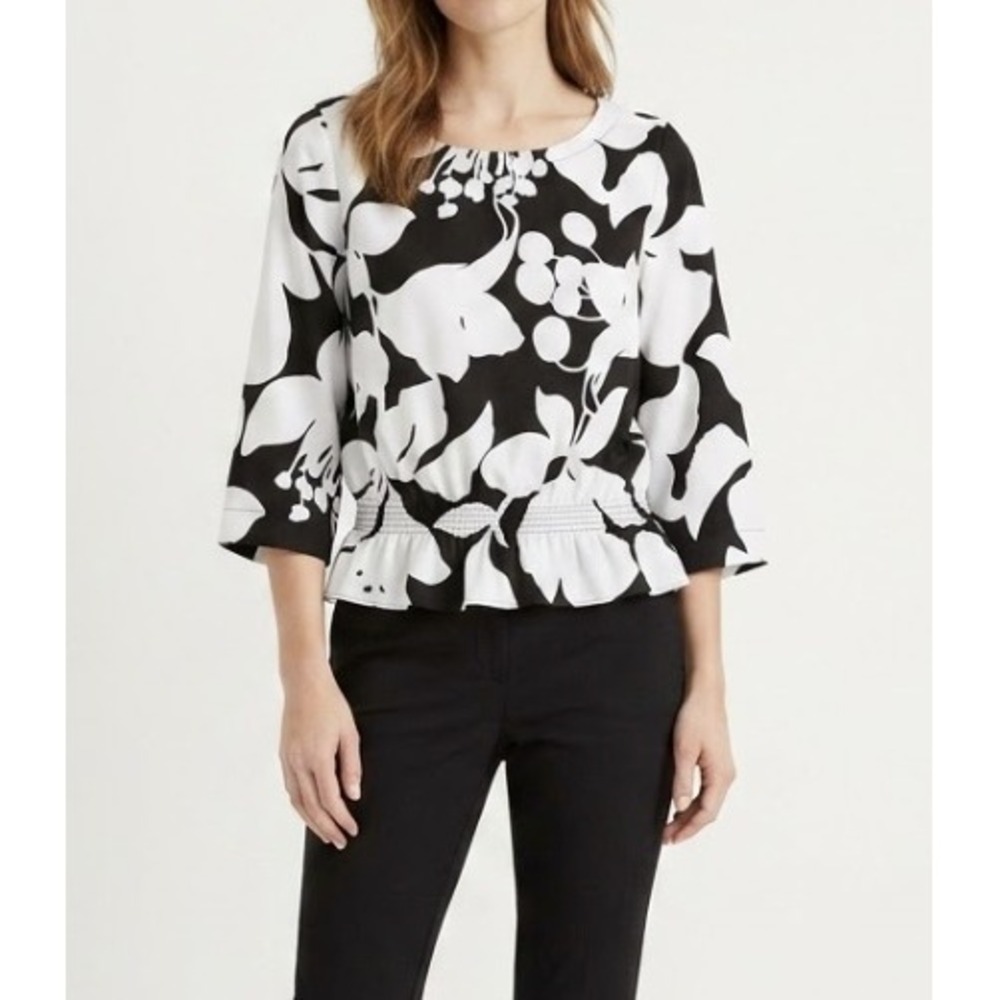 New Ann Taylor Floral Peplum Blouse Medium Black White 3/4 Sleeve Top Feminine